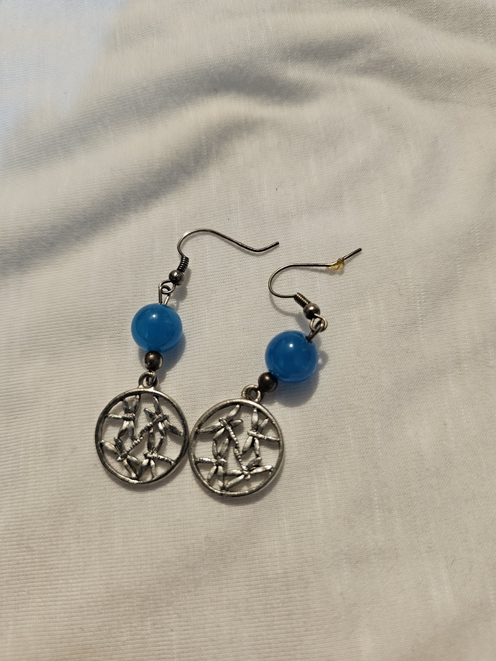 Blue Bead Silver Dragonfly Drop Earrings - Unbranded